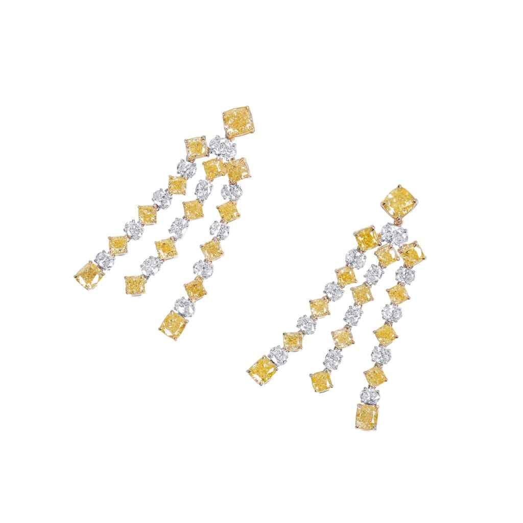 White Gold, Gold, Yellow Diamond and Diamond Chandelier Earrings