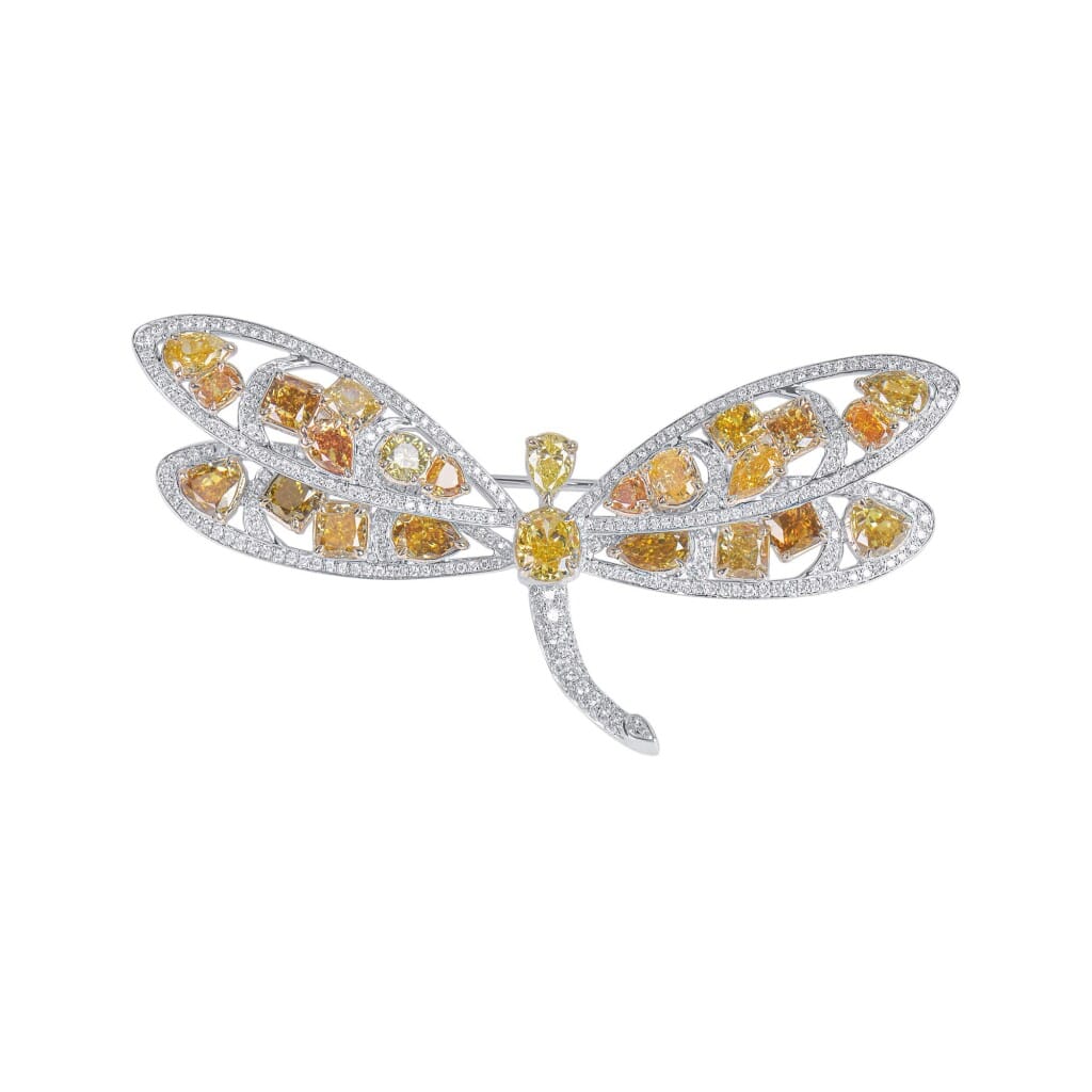 White Gold, Fancy Color Diamond and Diamond Dragonfly Brooch
