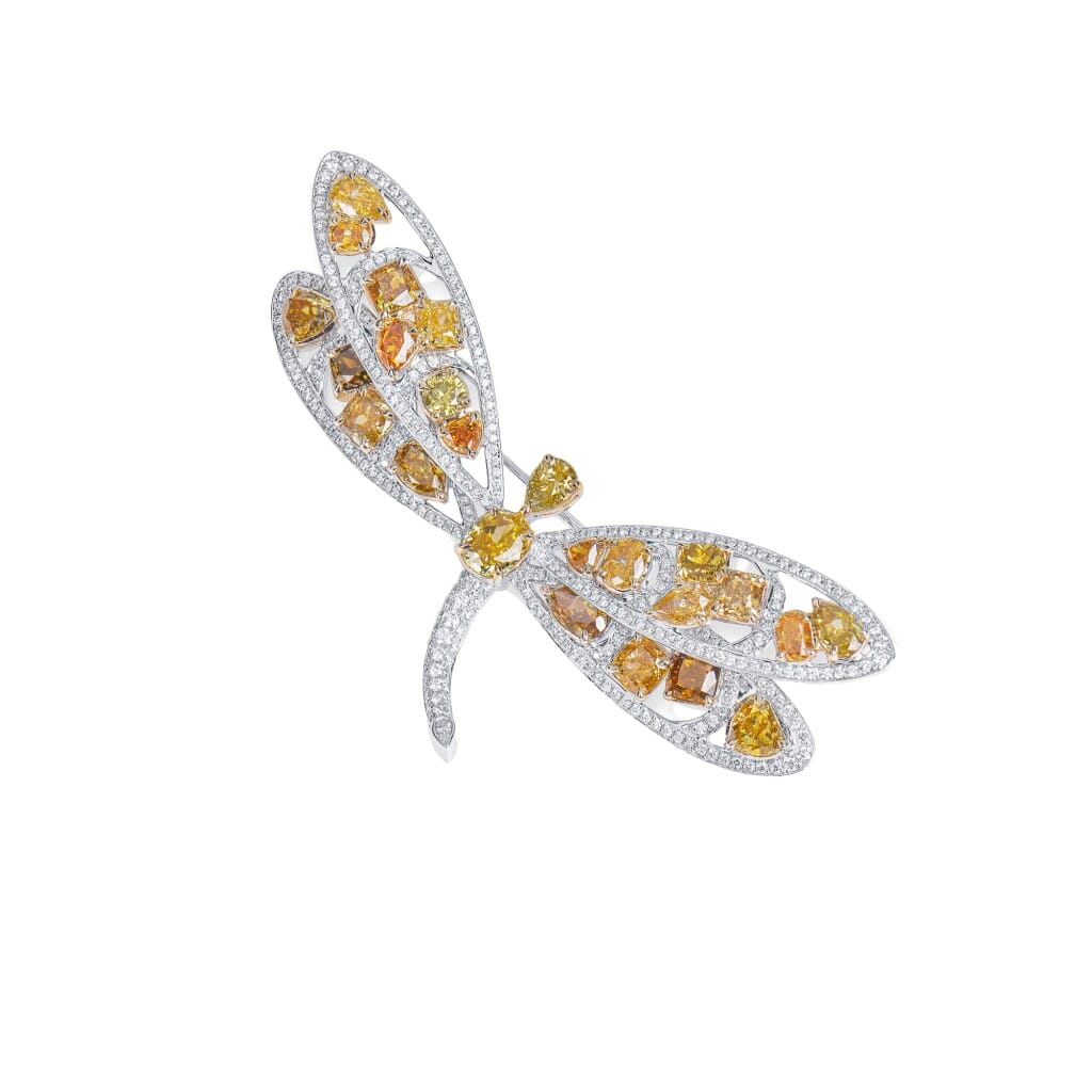 White Gold, Fancy Color Diamond and Diamond Dragonfly Brooch
