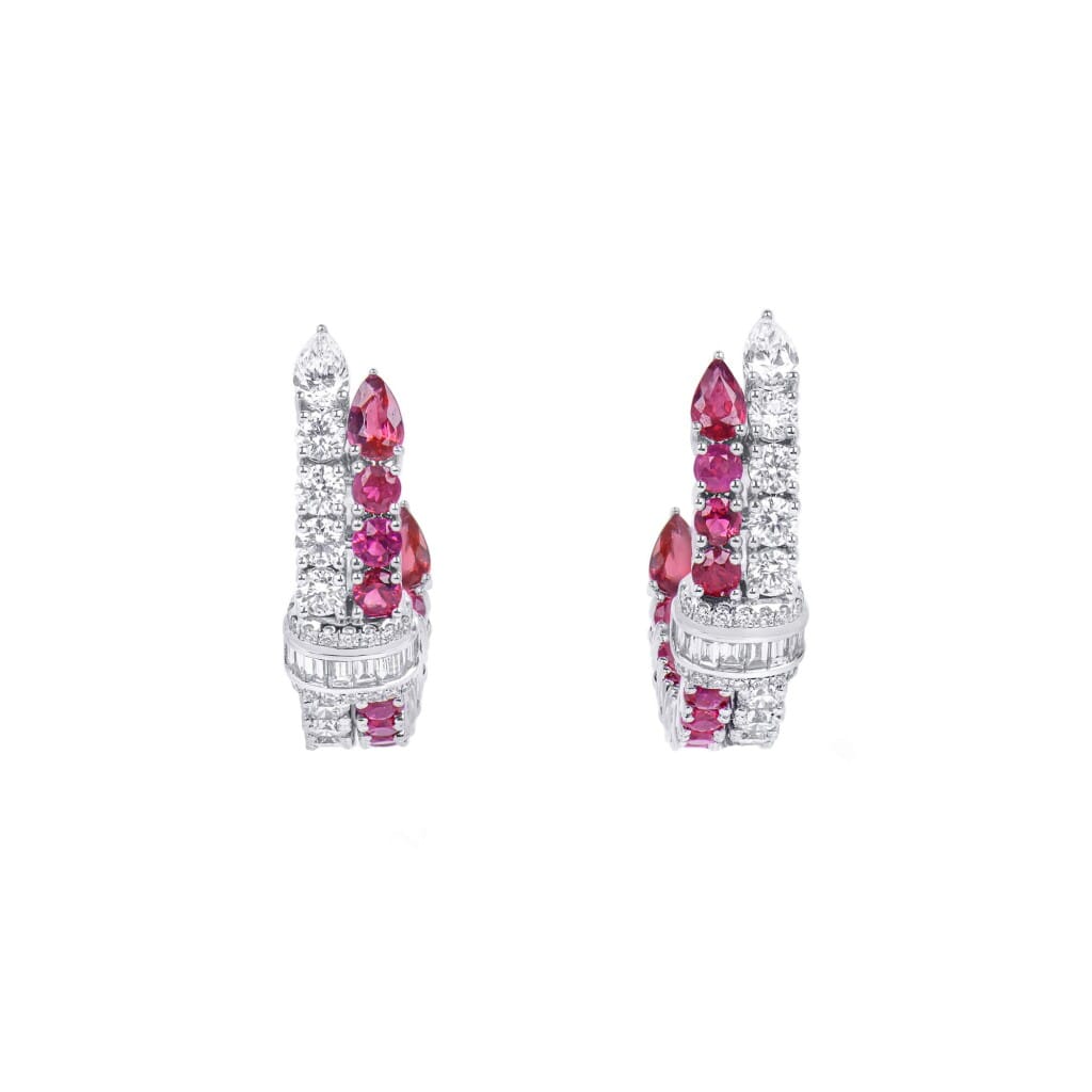 White Gold, Ruby and Diamond Hoop Earrings
