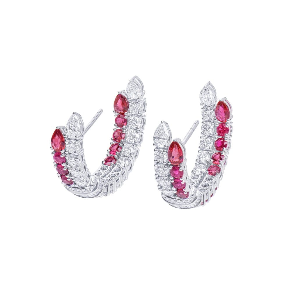 White Gold, Ruby and Diamond Hoop Earrings