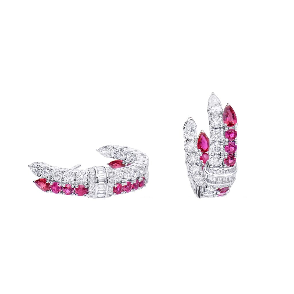 White Gold, Ruby and Diamond Hoop Earrings