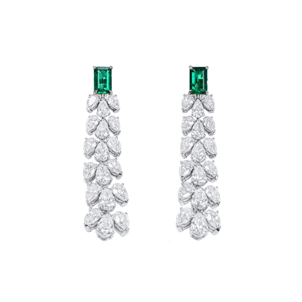 White Gold, 1.58ctw Colombian Emerald and Diamond Drop Earclips
