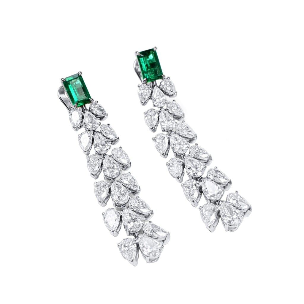 White Gold, 1.58ctw Colombian Emerald and Diamond Drop Earclips