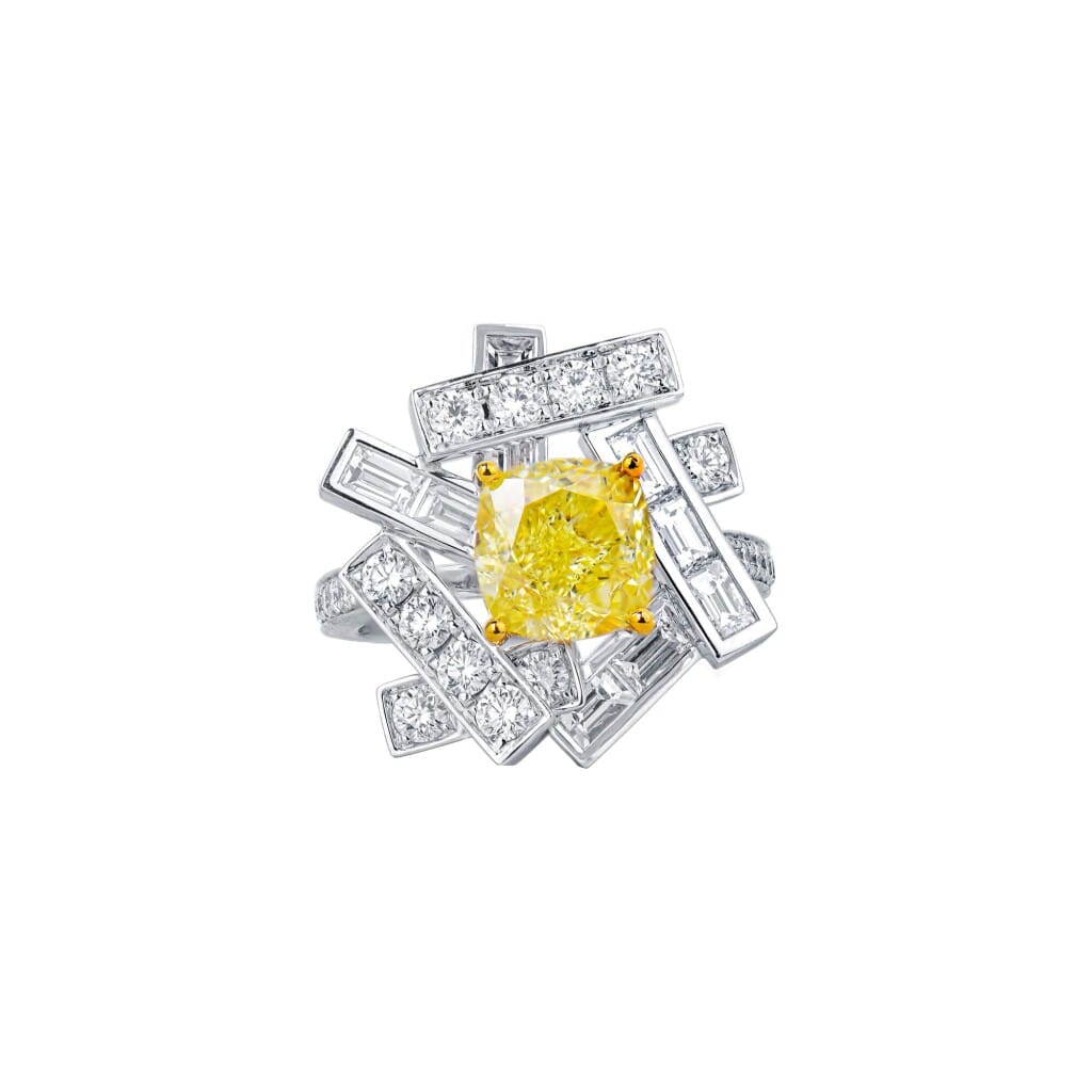 White Gold, 3.00ct Cushion Cut Fancy Yellow Diamond and Diamond Ring