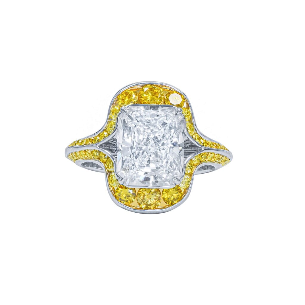 White Gold, 4.05ct Radiant Cut Diamond and Yellow Diamond Ring