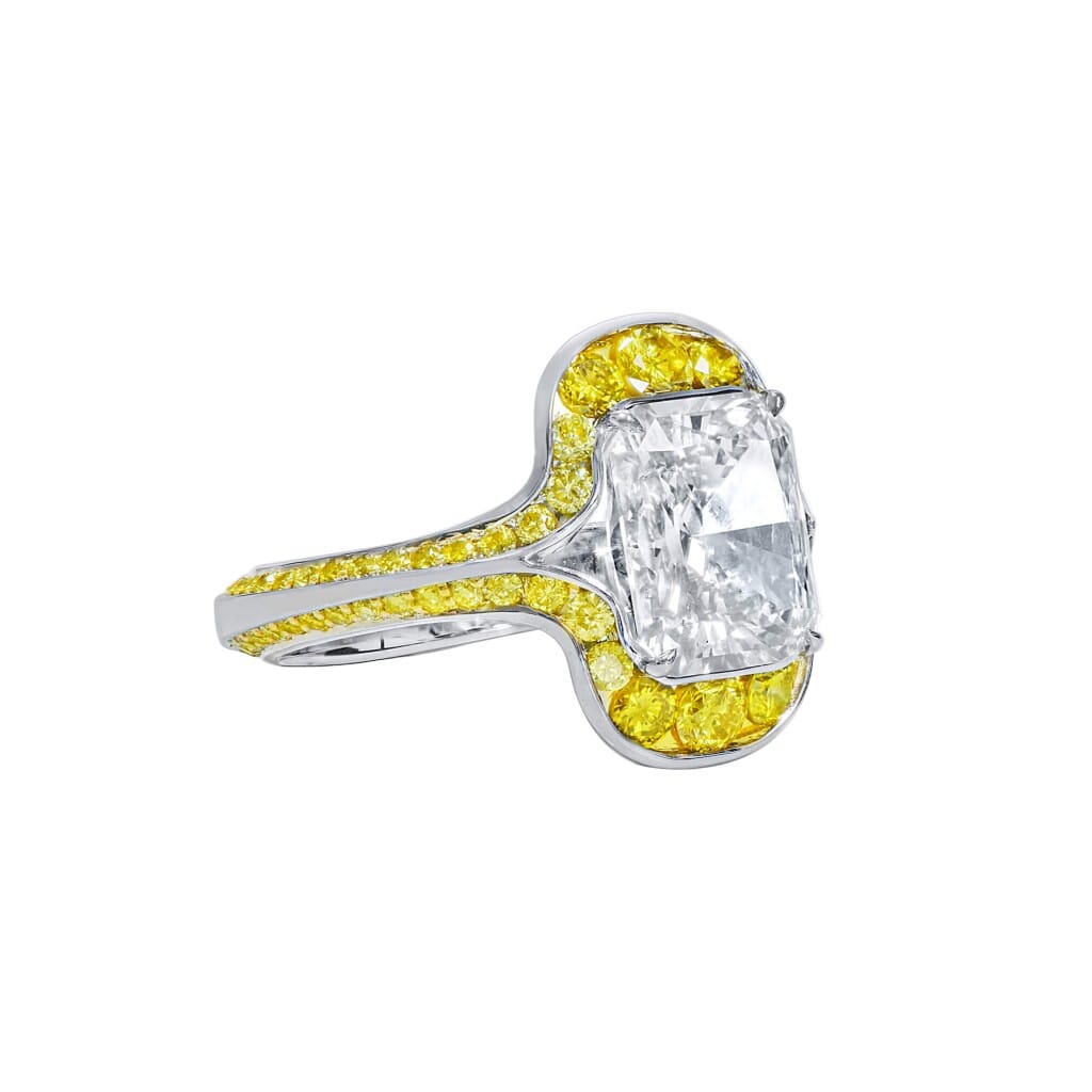 White Gold, 4.05ct Radiant Cut Diamond and Yellow Diamond Ring