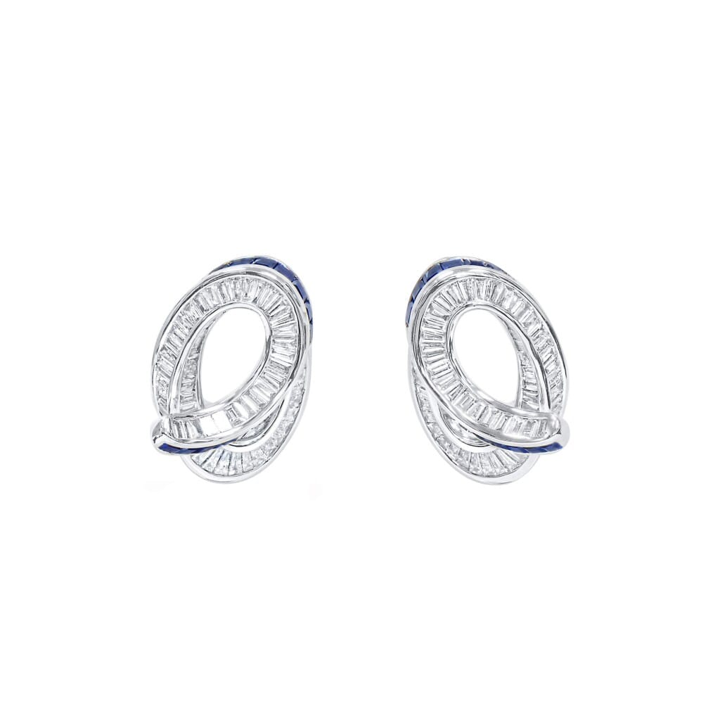 White Gold, Sapphire and Diamond Swirl Stud Earrings