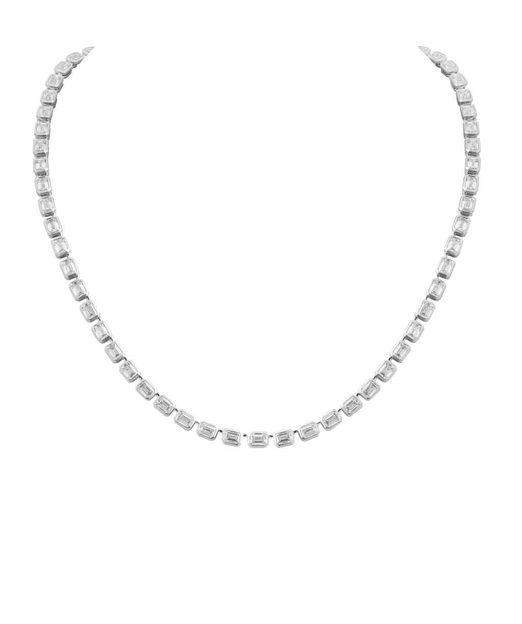 Platinum and 19.60ctw Emerald Cut Diamond Tennis Necklace