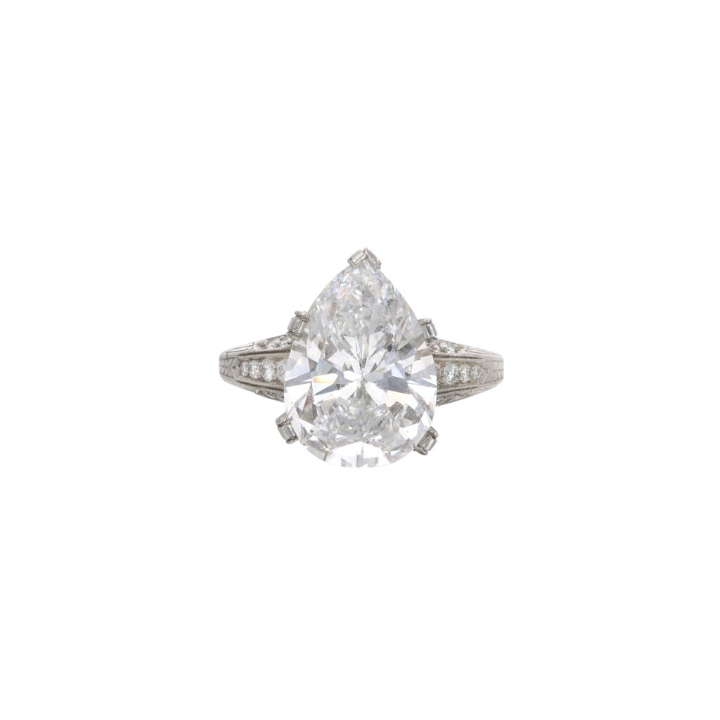 Platinum, 4.97ct Pear Shape Diamond and Diamond Engagement Ring
