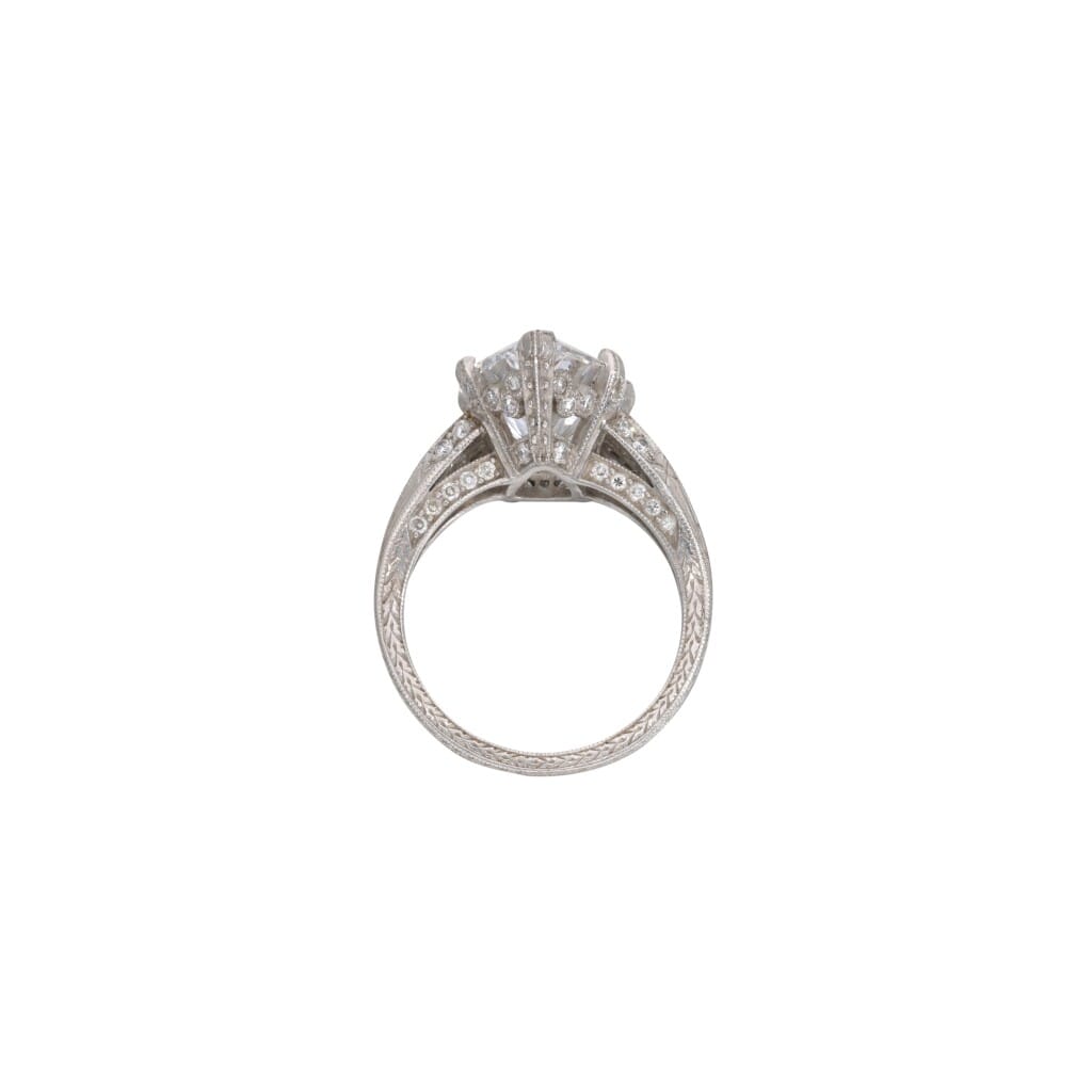 Platinum, 4.97ct Pear Shape Diamond and Diamond Engagement Ring