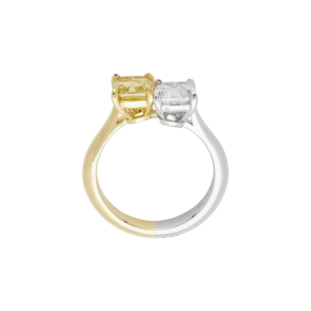 Platinum, Gold, 1.02ct Cushion Cut Fancy Deep Yellow Diamond and 1.01ct Cushion Cut Diamond Toi et Moi Ring