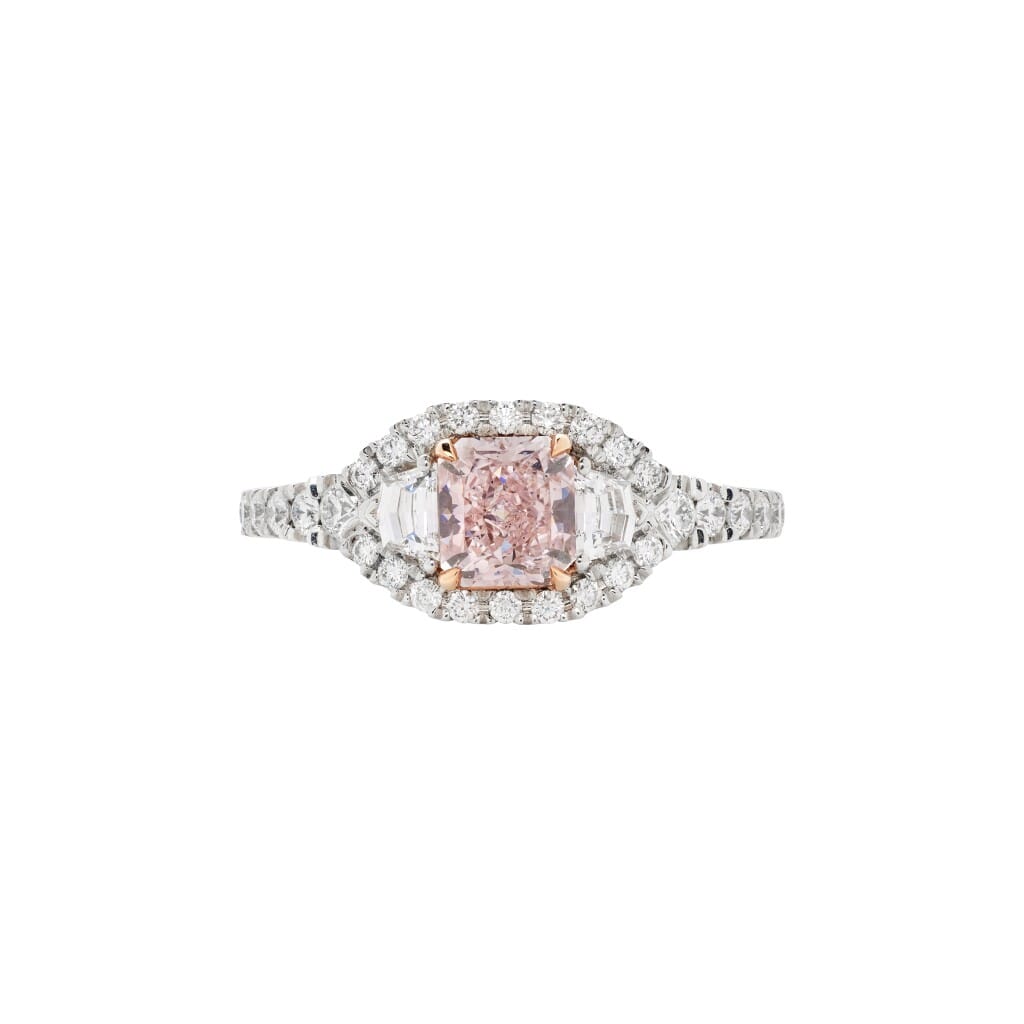 Platinum, Rose Gold, 0.75ct Radiant Cut Fancy Pink Diamond and Diamond Ring