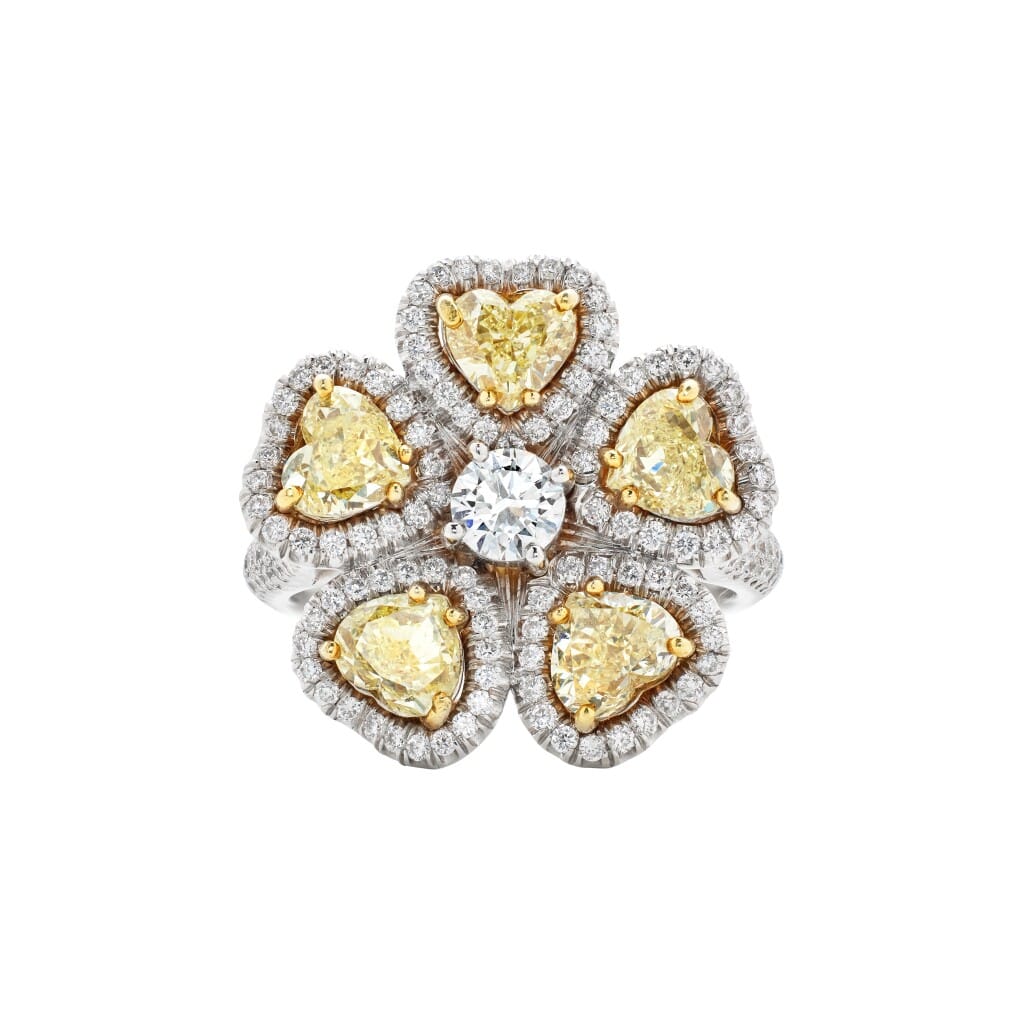 White Gold, Gold, Yellow Diamond and Diamond Flower Ring