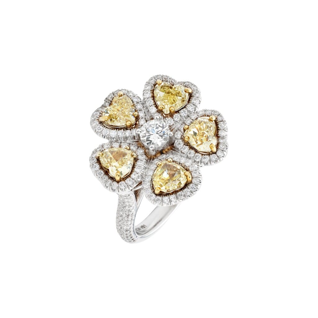 White Gold, Gold, Yellow Diamond and Diamond Flower Ring