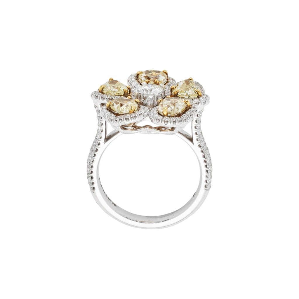 White Gold, Gold, Yellow Diamond and Diamond Flower Ring