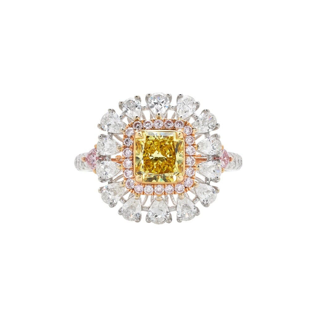 White Gold, 1.02ct Radiant Cut Fancy Vivid Yellow Diamond, Pink Diamond and Diamond Ring
