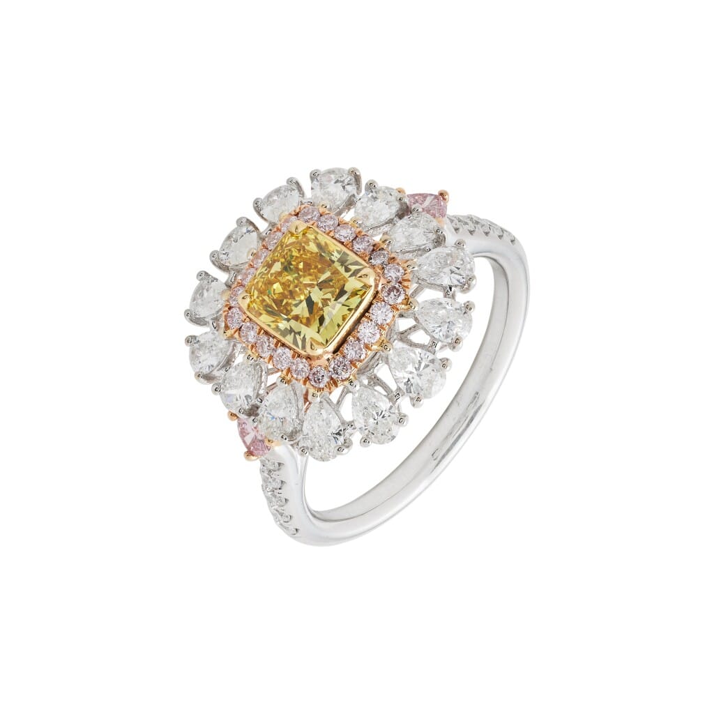 White Gold, 1.02ct Radiant Cut Fancy Vivid Yellow Diamond, Pink Diamond and Diamond Ring