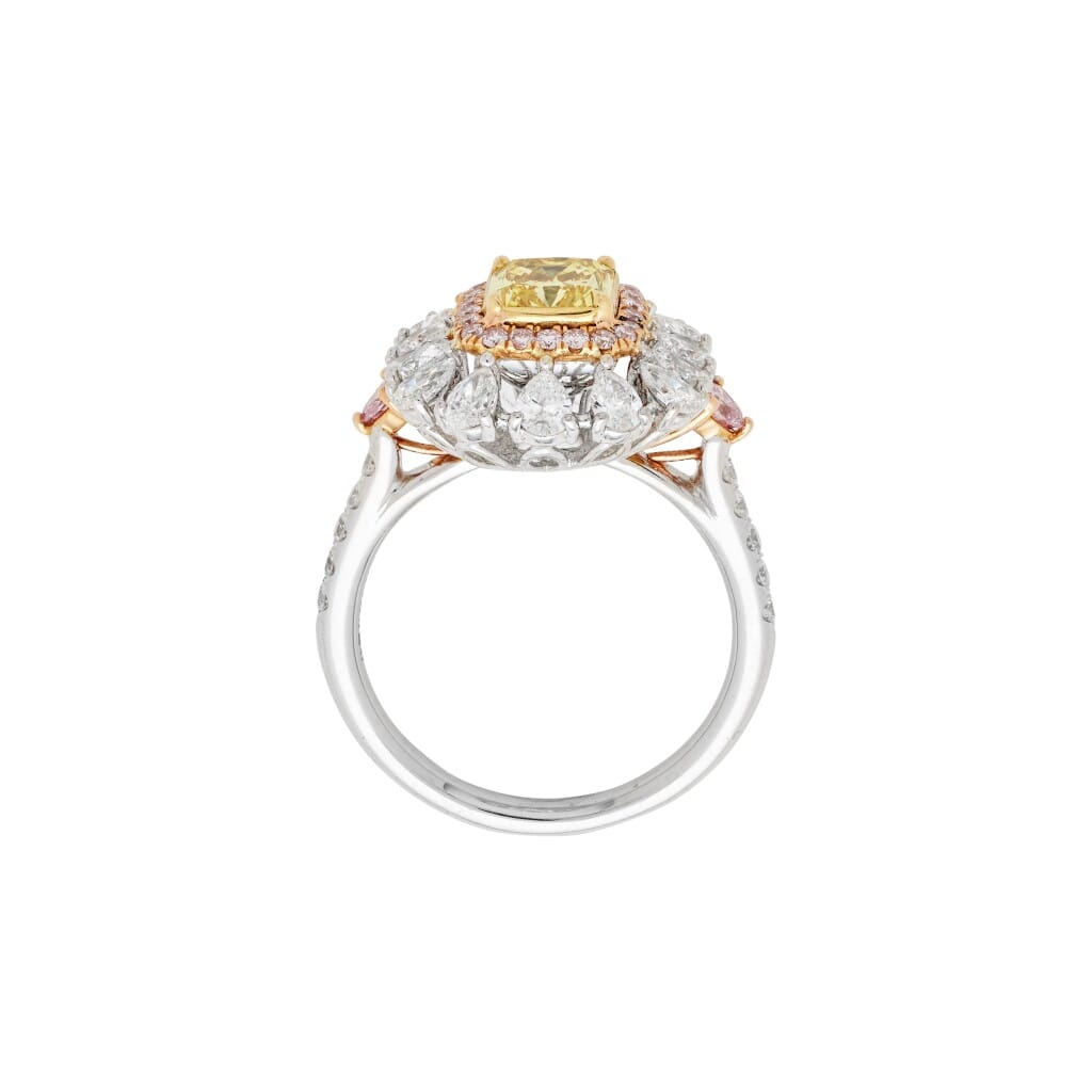 White Gold, 1.02ct Radiant Cut Fancy Vivid Yellow Diamond, Pink Diamond and Diamond Ring