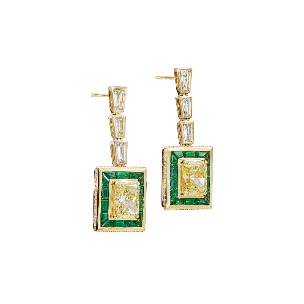 Gold, 1.86ct Radiant Cut Fancy Intense Yellow Diamond, 1.68ct Radiant Cut Fancy Yellow Diamond, Emerald and Diamond Drop Earrings
