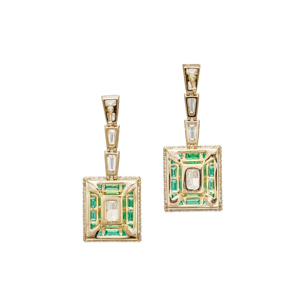 Gold, 1.86ct Radiant Cut Fancy Intense Yellow Diamond, 1.68ct Radiant Cut Fancy Yellow Diamond, Emerald and Diamond Drop Earrings