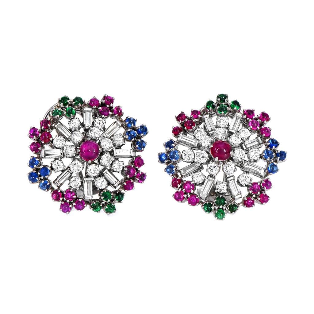 Vintage White Gold, Diamond and Multigem Earclips