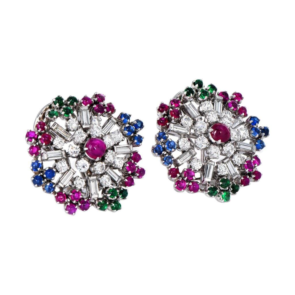 Vintage White Gold, Diamond and Multigem Earclips