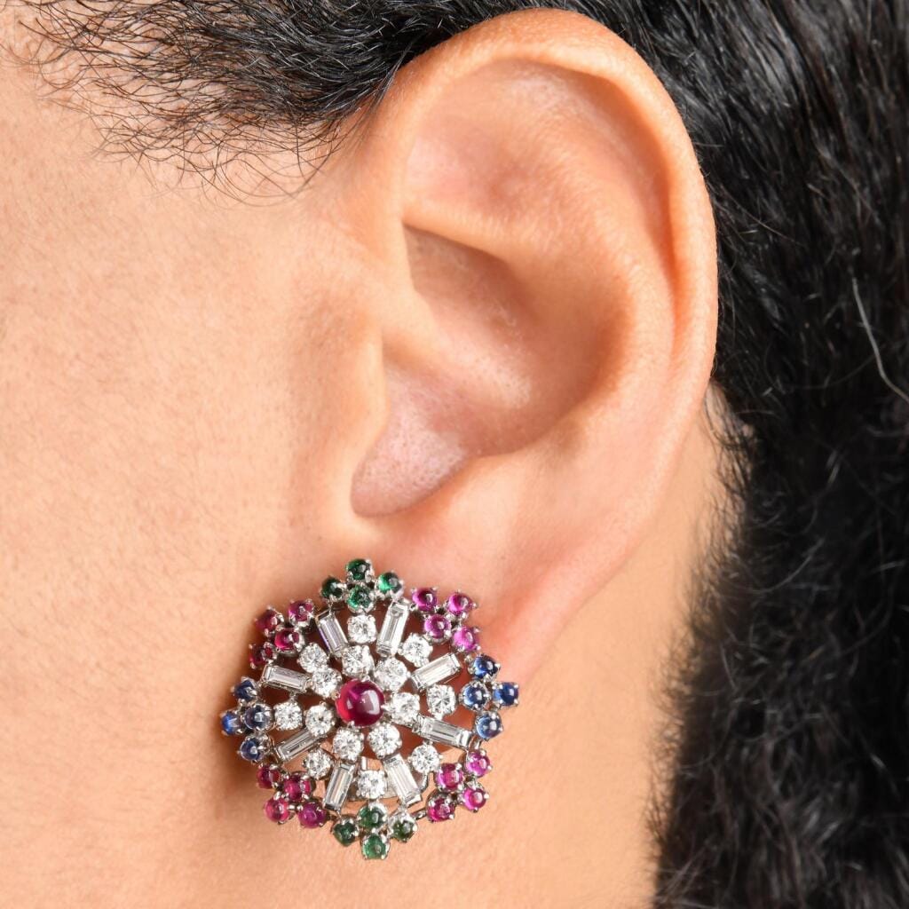 Vintage White Gold, Diamond and Multigem Earclips
