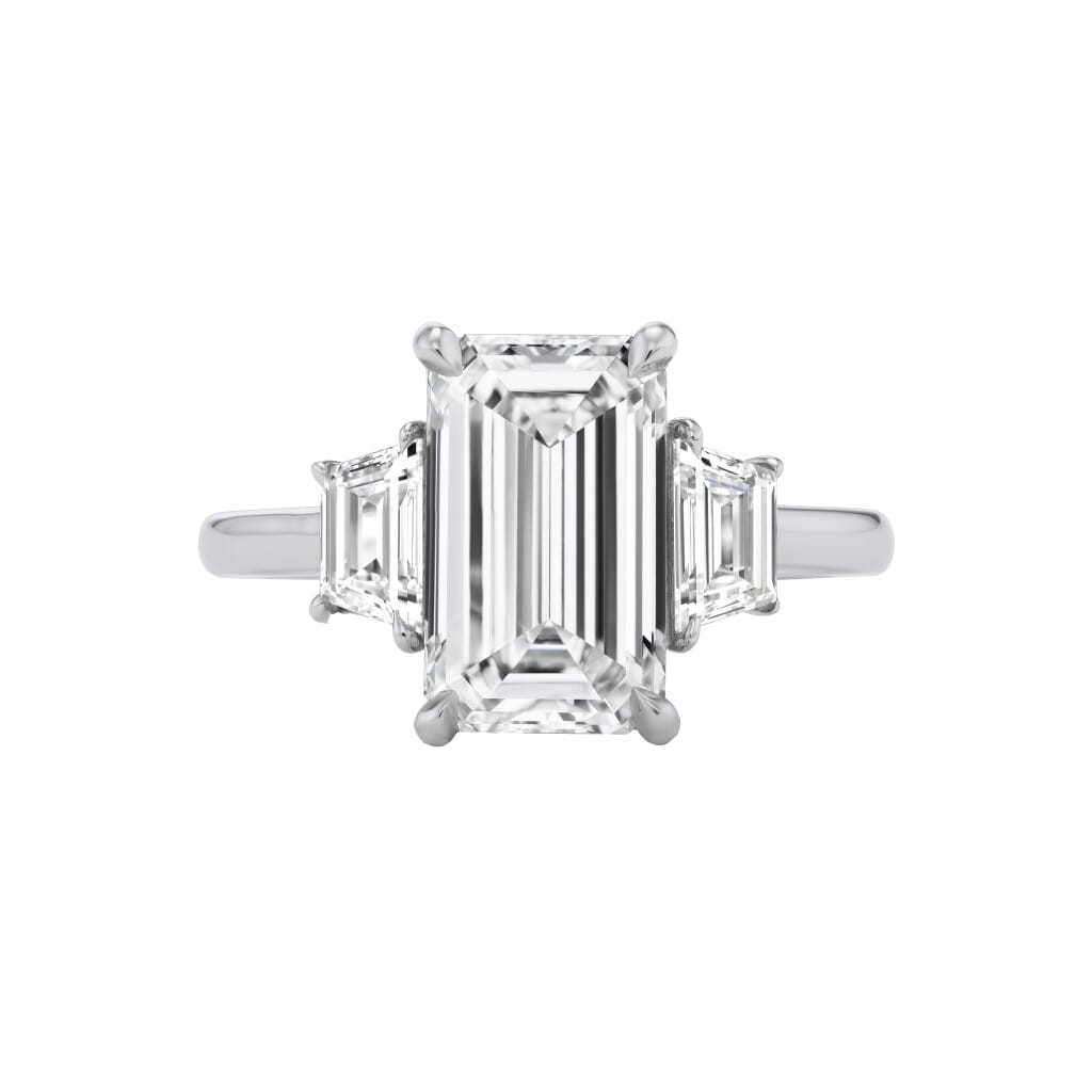 Platinum, 3.01ct Emerald Cut Diamond and Diamond Engagement Ring
