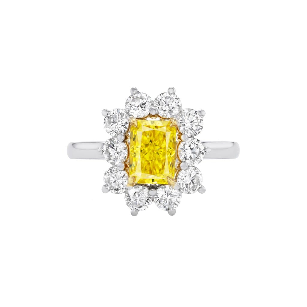 Platinum, Gold, 1.23ct Radiant Cut Fancy Vivid Yellow Diamond and Diamond Engagement Ring