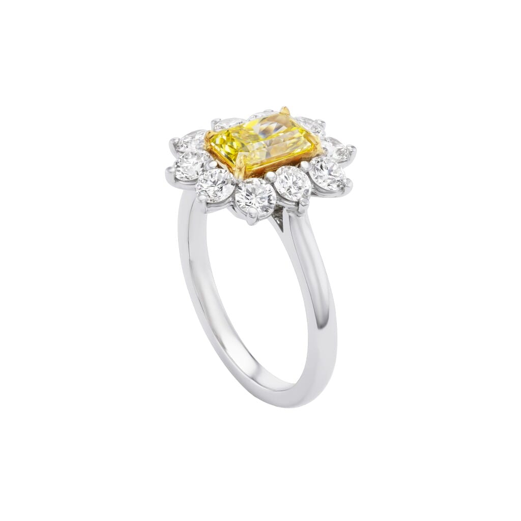 Platinum, Gold, 1.23ct Radiant Cut Fancy Vivid Yellow Diamond and Diamond Engagement Ring