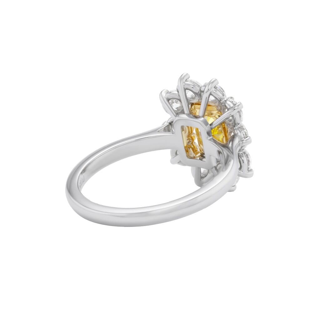 Platinum, Gold, 1.23ct Radiant Cut Fancy Vivid Yellow Diamond and Diamond Engagement Ring