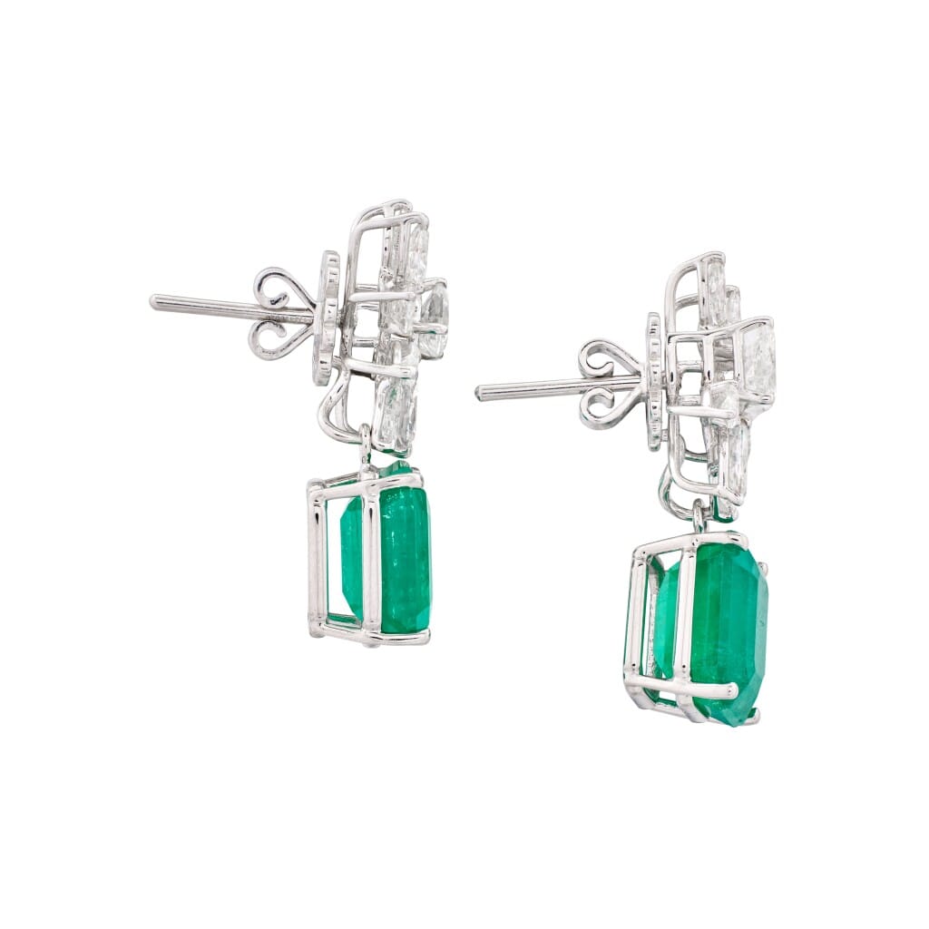 White Gold, 7.97ctw Colombian Emerald and Diamond Cluster Drop Earrings