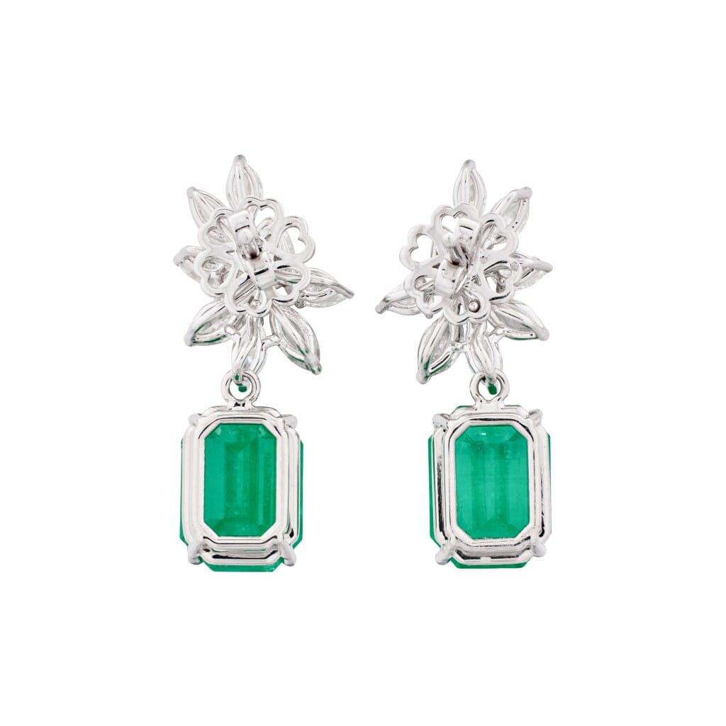White Gold, 7.97ctw Colombian Emerald and Diamond Cluster Drop Earrings