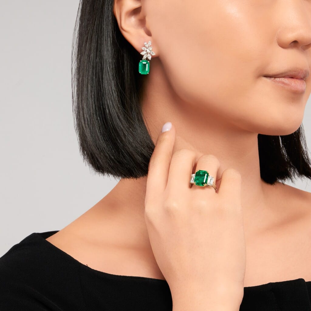 White Gold, 7.97ctw Colombian Emerald and Diamond Cluster Drop Earrings