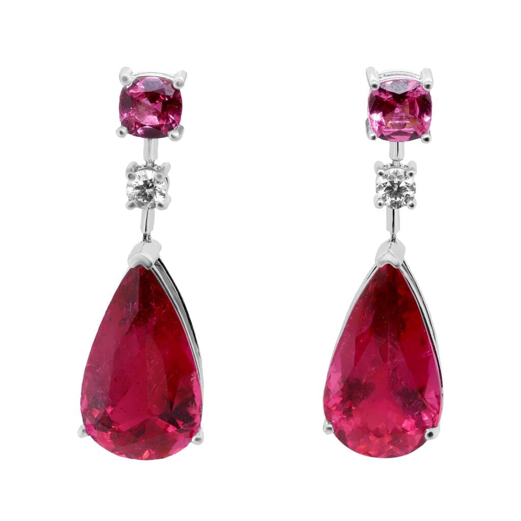 White Gold, Rubellite Tourmaline, Spinel and Diamond Drop Earrings