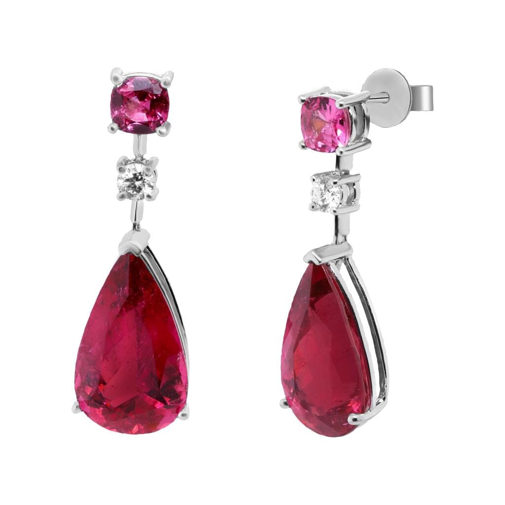 White Gold, Rubellite Tourmaline, Spinel and Diamond Drop Earrings