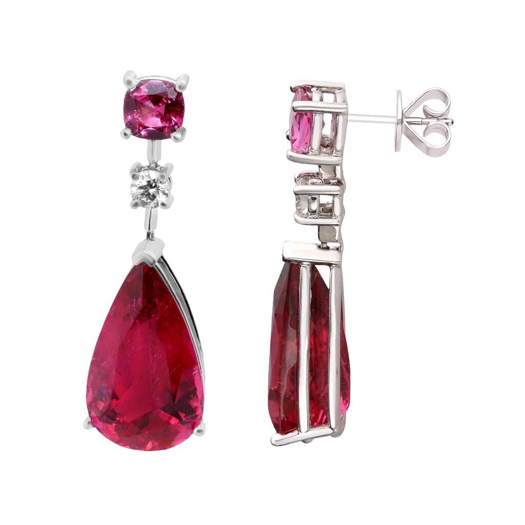 White Gold, Rubellite Tourmaline, Spinel and Diamond Drop Earrings