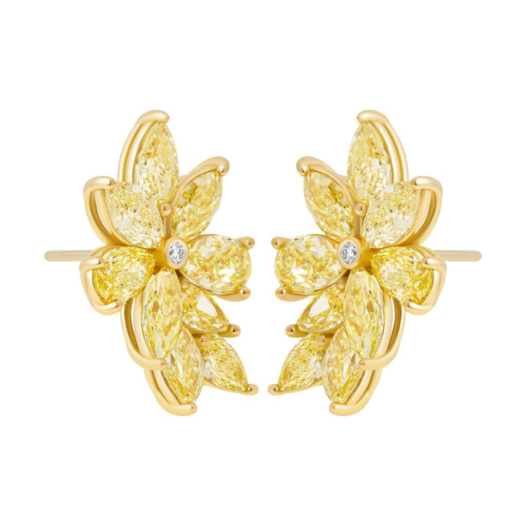 Gold, Yellow Diamond and Diamond Cluster Earrings