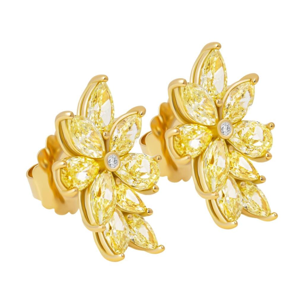 Gold, Yellow Diamond and Diamond Cluster Earrings