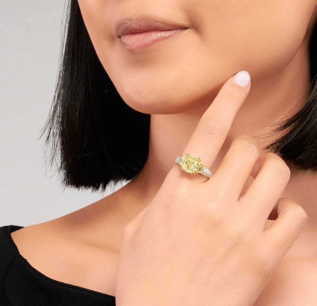 Platinum, Gold, 4.04ct Cushion Cut Fancy Yellow Diamond, Yellow Diamond and Diamond Engagement Ring