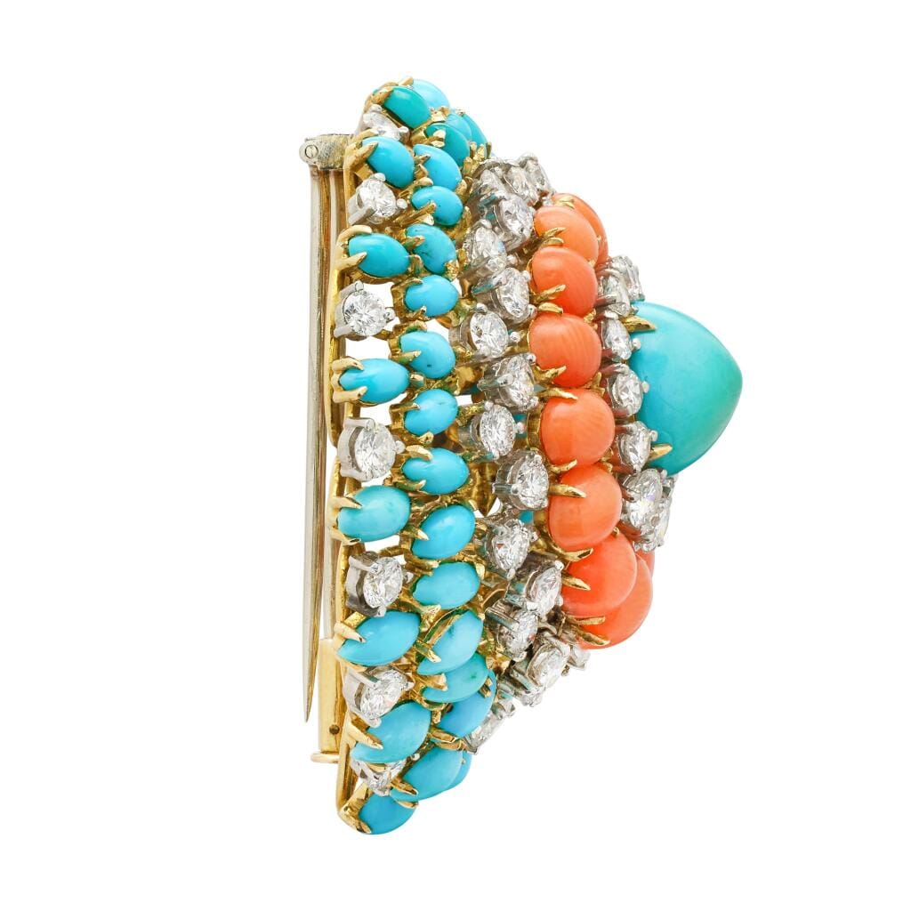 Vintage Gold, Platinum, Coral, Turquoise and Diamond Convertible Pendant Brooch