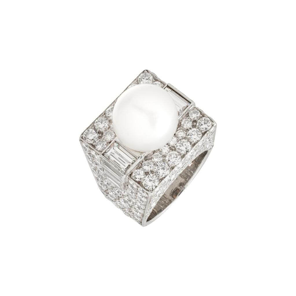 Vintage Platinum, Cultured Pearl and Diamond Trombino Ring