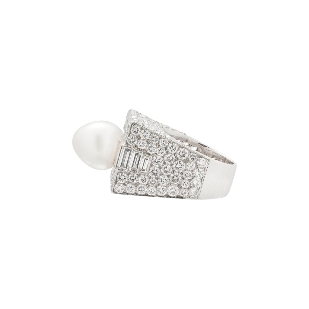 Vintage Platinum, Cultured Pearl and Diamond Trombino Ring