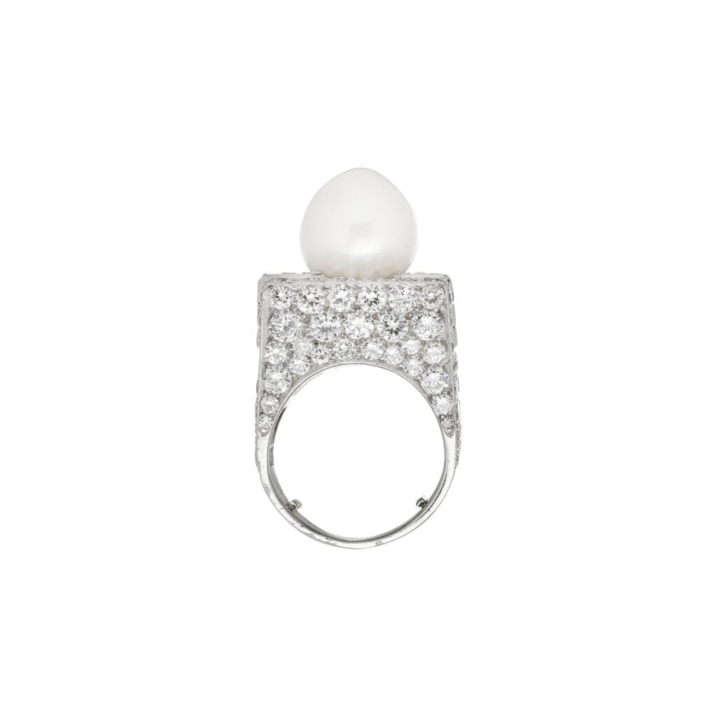 Vintage Platinum, Cultured Pearl and Diamond Trombino Ring
