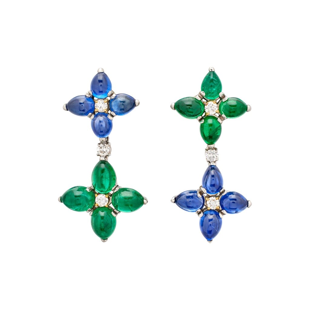 Platinum, Gold, Sapphire and Emerald Drop Earrings