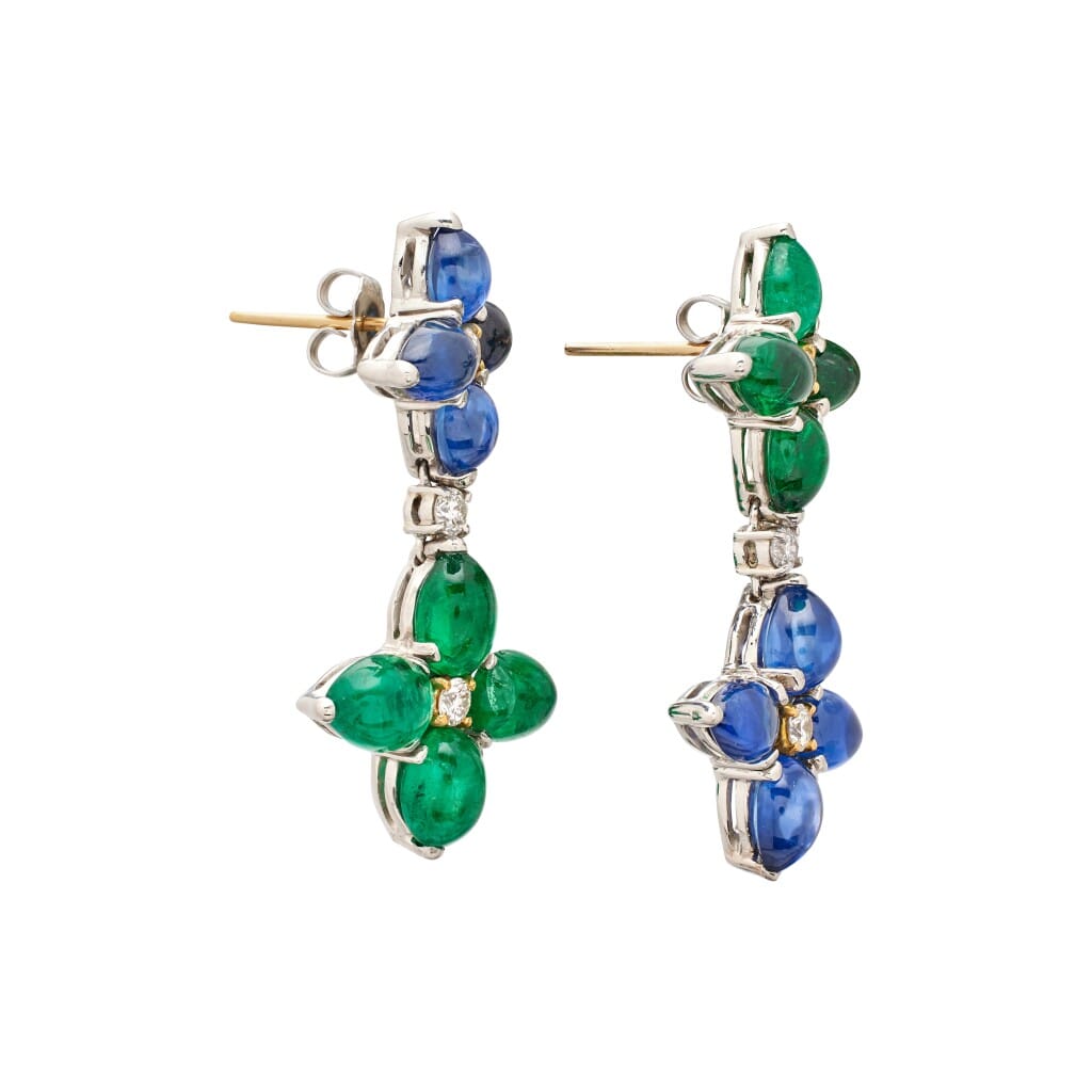 Platinum, Gold, Sapphire and Emerald Drop Earrings