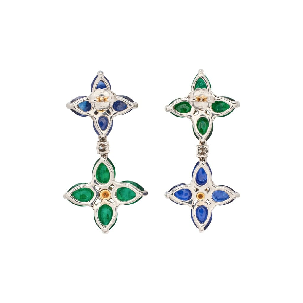 Platinum, Gold, Sapphire and Emerald Drop Earrings