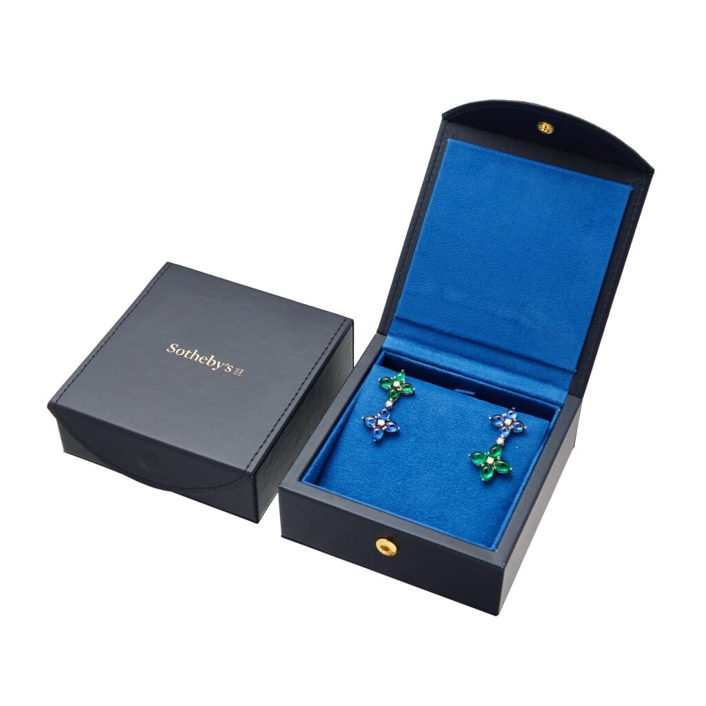 Platinum, Gold, Sapphire and Emerald Drop Earrings