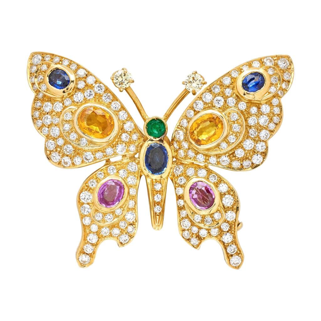 Gold, Multicolor Sapphire, Emerald, Diamond and Yellow Diamond Butterfly Brooch
